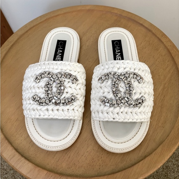 CHANEL Shoes - CHANEL  Raffia Crystal CC Mules Sandals